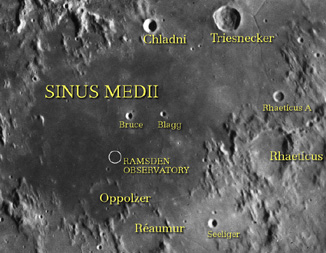 Ramsden Observatory on the southern rim of Sinus Medii is positioned directly over the Moon's sub-terrestrial point