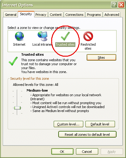 MS IE Internet Options Security tab with Trusted Sites