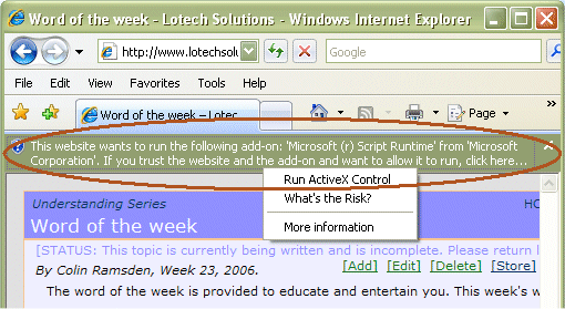 MS IE security prompt ribbon bar