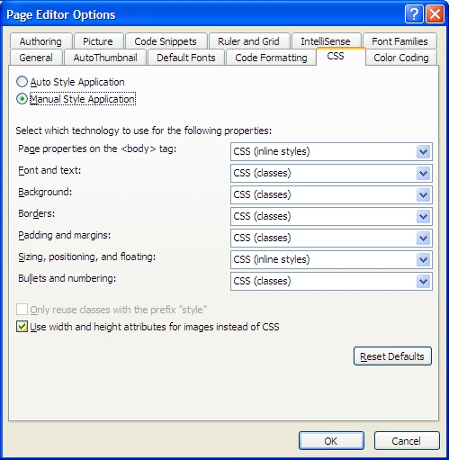 Page Editor Options CSS tab dialog