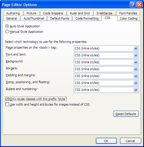 Page Editor Options dialog CSS tab