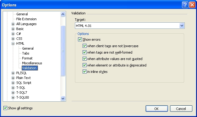 VWB Options HTML Validation properties dialog